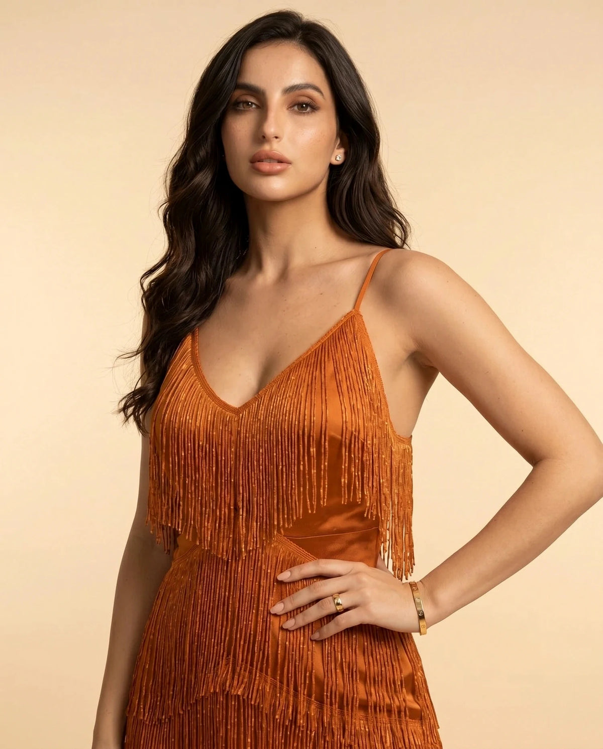 Amber Mini Dress – Metallic V Neck mini dress, bodice and waist detail by Slimona | SKU: AMD-45783-orange-L-S2,AMD-45783-orange-M-S2,AMD-45783-orange-S-S2,AMD-45783-orange-XL-S2,AMD-45783-orange-XS-S2