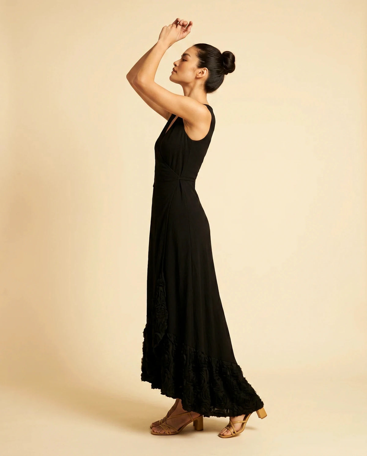Lotus Maxi Dress – Black V Neck maxi dress, side profile silhouette by Slimona | SKU: NMD-74826-black-L-S2,NMD-74826-black-M-S2,NMD-74826-black-S-S2,NMD-74826-black-XL-S2,NMD-74826-black-XS-S2