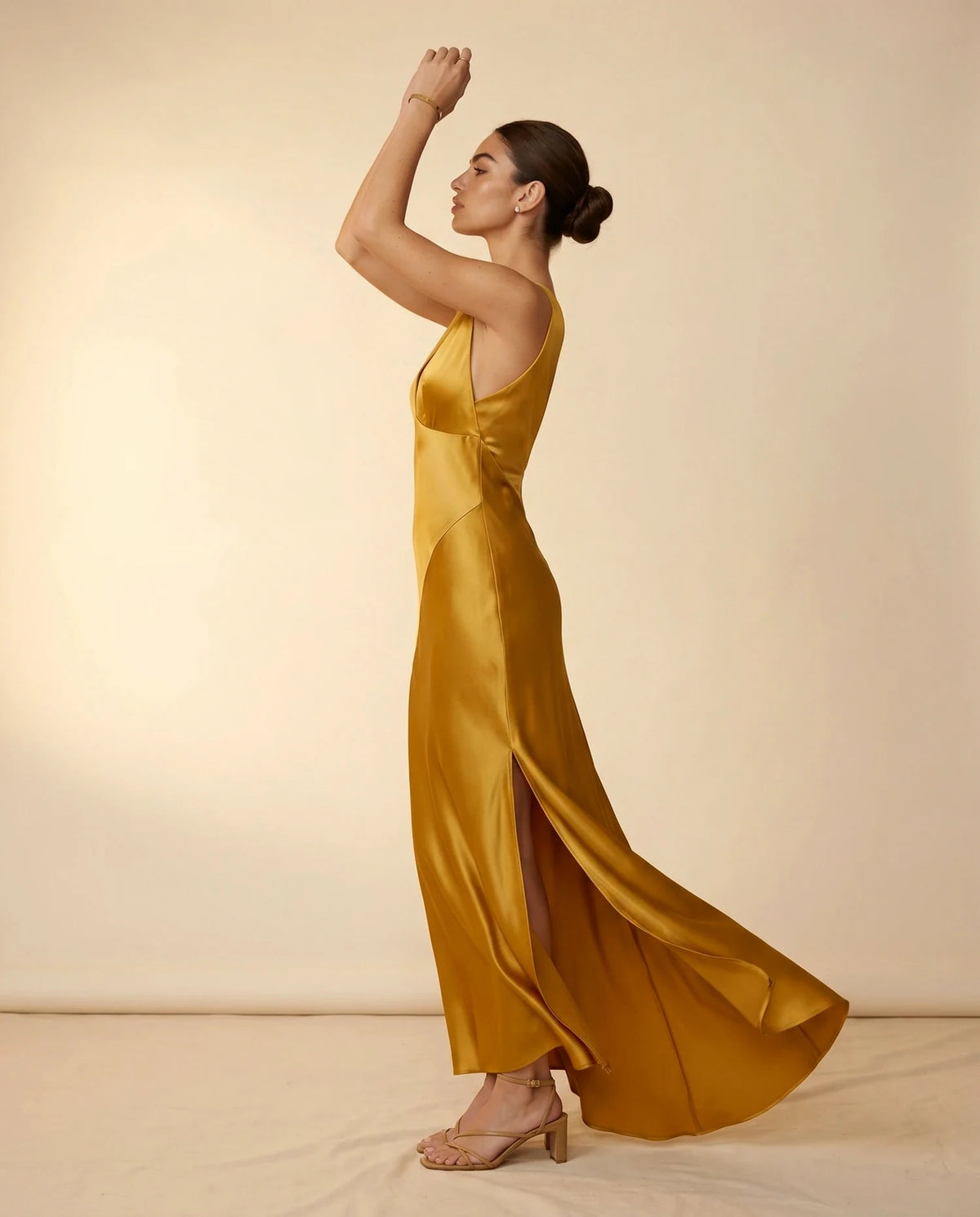 Aurelia Maxi Dress – Black Satin V Neck maxi dress, side profile silhouette by Slimona | SKU: AMD-84517-gold-L-S2,AMD-84517-gold-M-S2,AMD-84517-gold-S-S2,AMD-84517-gold-XL-S2,AMD-84517-gold-XS-S2
