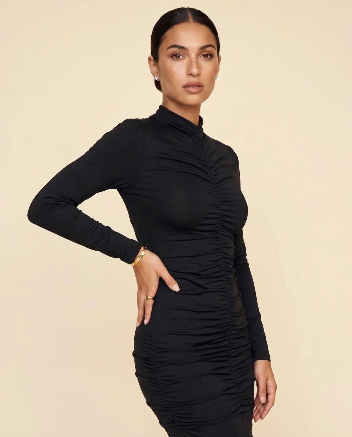 Velouré Midi Dress – Black Mock Neck midi dress, bodice and waist detail by Slimona | SKU: VMD-80426-black-L-S2,VMD-80426-black-M-S2,VMD-80426-black-S-S2,VMD-80426-black-XL-S2,VMD-80426-black-XS-S2