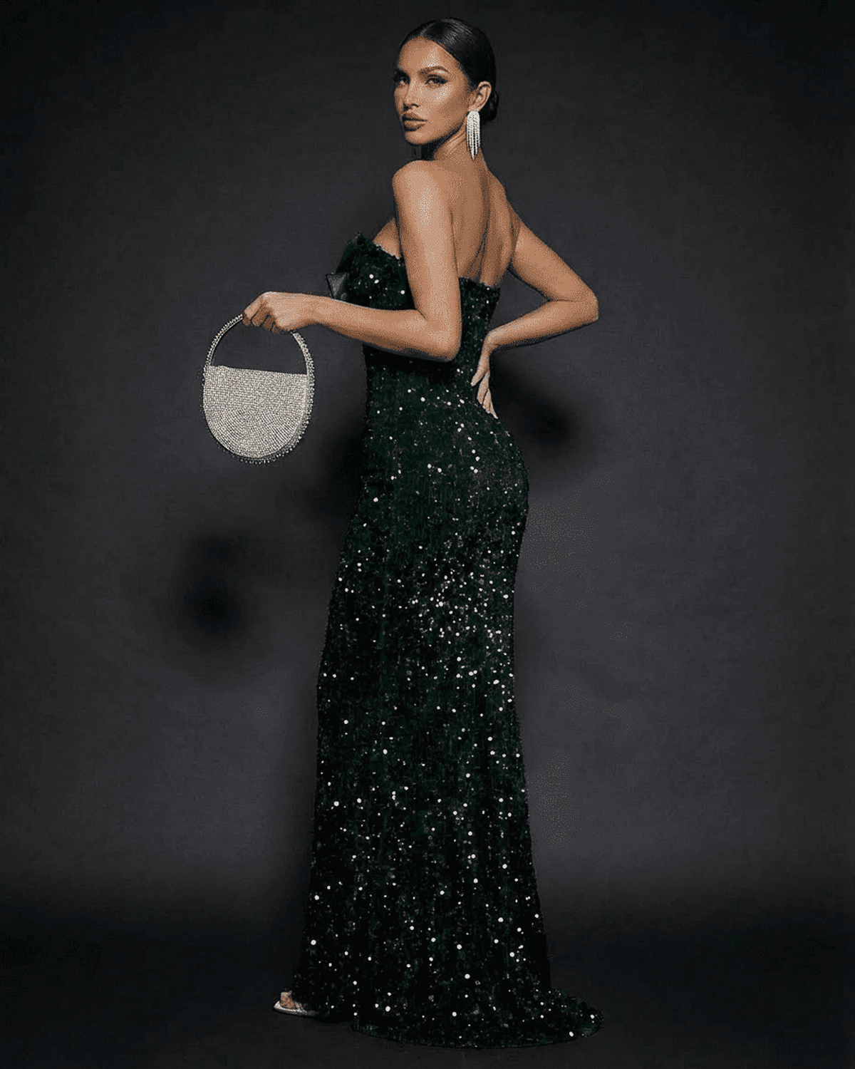 Emerald Maxi Dress by SLIMONA, strapless sequin party dress with bow showcasing a glamorous silhouette.