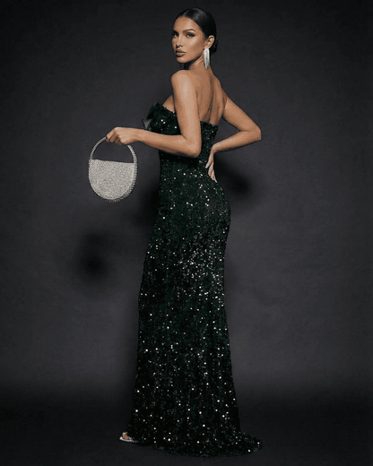 Emerald Maxi Dress by SLIMONA, strapless sequin party dress with bow showcasing a glamorous silhouette.