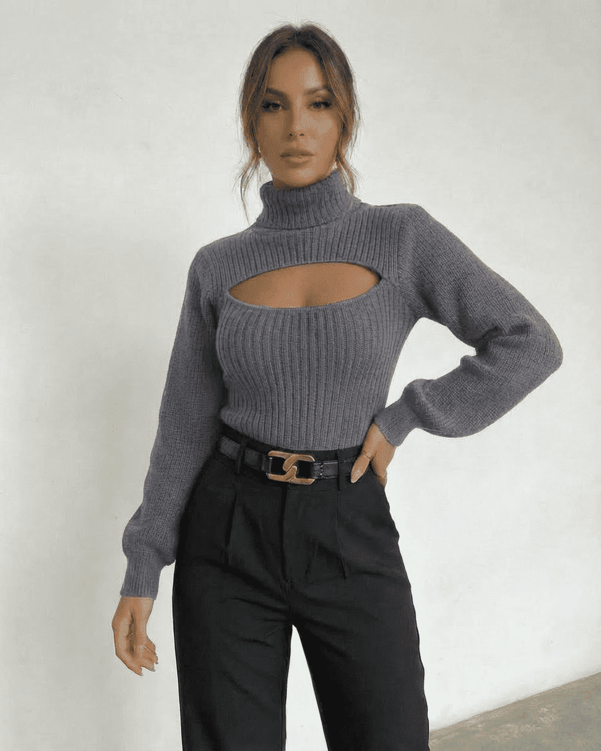 Slate Sweater by SLIMONA featuring a mock neck and cut-out design, perfect for modern fall and winter fashion.