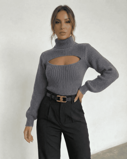 Slate Sweater by SLIMONA featuring a mock neck and cut-out design, perfect for modern fall and winter fashion.