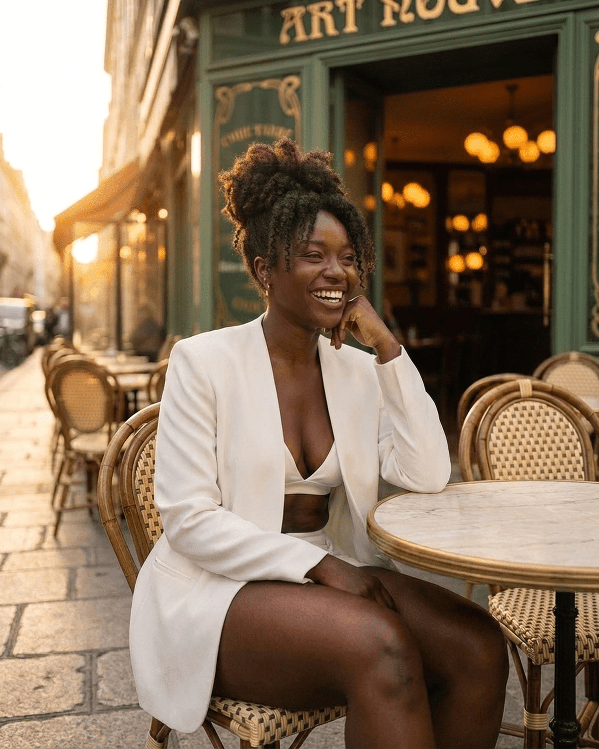 Woman wearing Alba Blazer by SLIMONA, smiling at a café table in a sunlit street.
