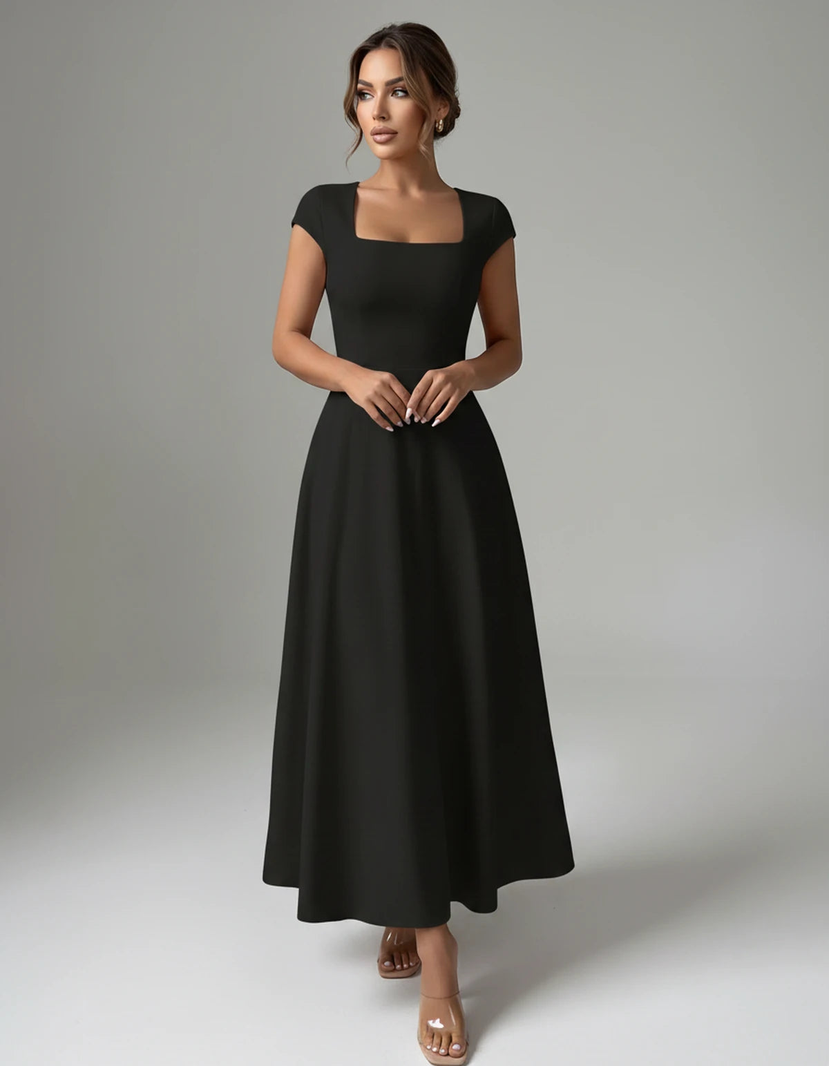 Amarante7 Midi Dresses — Black | SKU: SD-75774-black-XS,SD-75774-black-S,SD-75774-black-M,SD-75774-black-L,SD-75774-black-XL,SD-75774-black-2XL