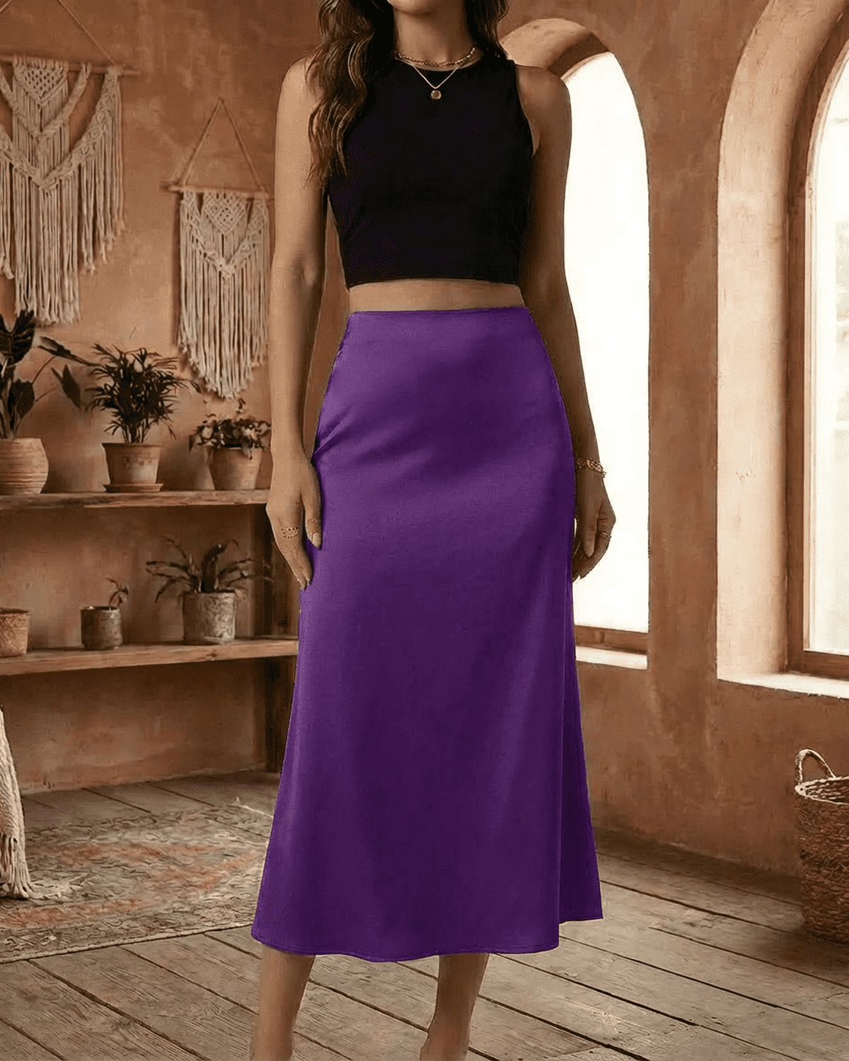 Amethyst Midi Skirt by SLIMONA, featuring a vibrant purple satin mermaid design that flatters the figure.