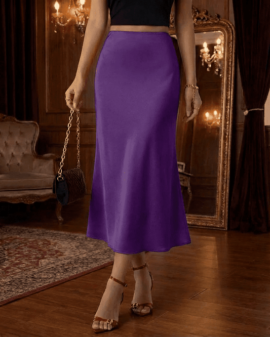 Amethyst Midi Skirt by SLIMONA, a satin mermaid skirt in vibrant purple, enhancing elegance and sophistication.