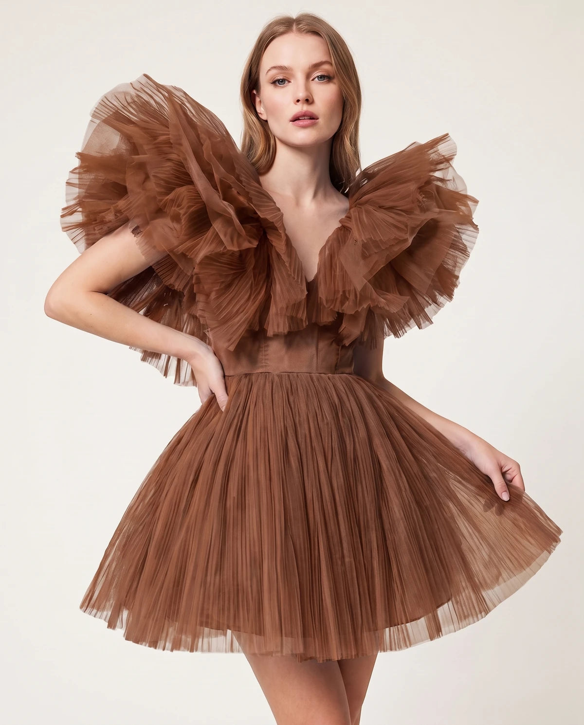 Amorelle Mini Dress — Brown | SKU: SD-41404-brown-XS,SD-41404-brown-S,SD-41404-brown-M,SD-41404-brown-L,SD-41404-brown-XL