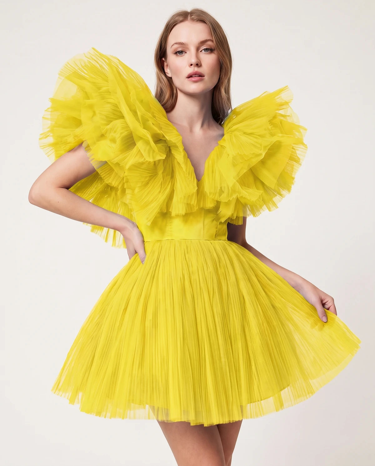 Amorelle Mini Dress — Yellow | SKU: SD-41404-yellow-XS,SD-41404-yellow-S,SD-41404-yellow-M,SD-41404-yellow-L,SD-41404-yellow-XL