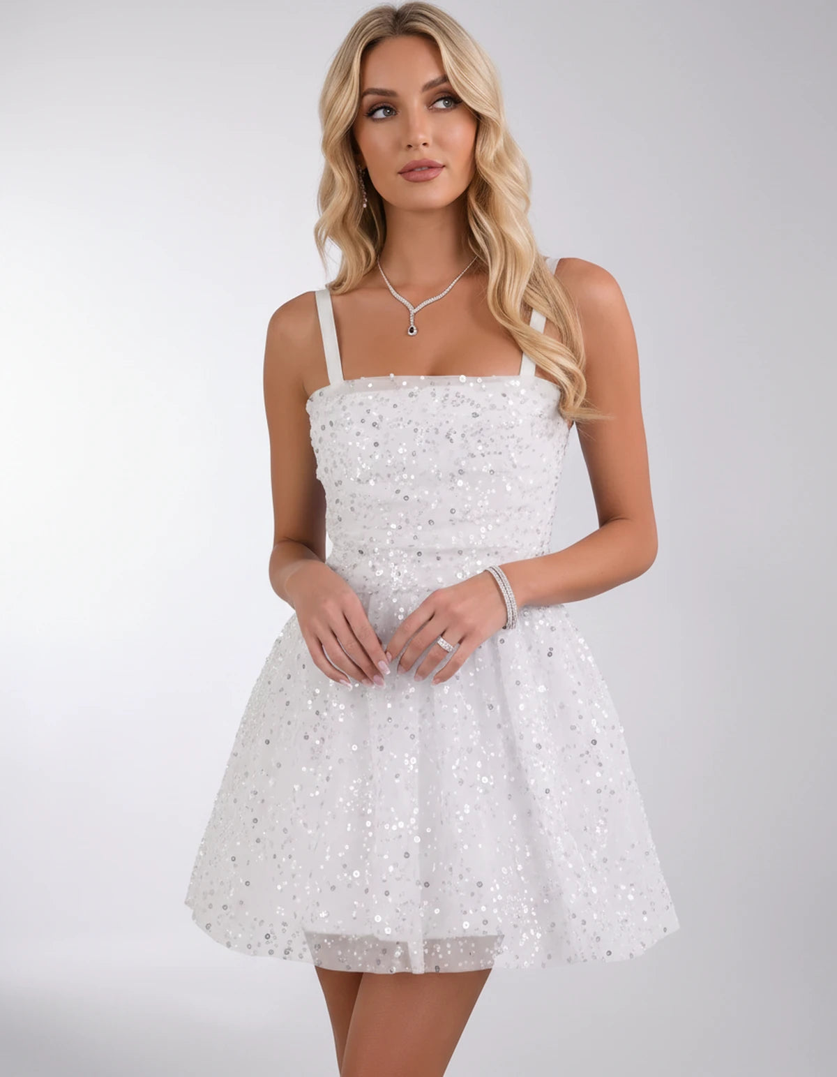 Angelique Mini Dress — White | SKU: SD-29663-white-2,SD-29663-white-4,SD-29663-white-6,SD-29663-white-8,SD-29663-white-10,SD-29663-white-12,SD-29663-white-14,SD-29663-white-16,SD-29663-white-16W,SD-29663-white-18W,SD-29663-white-20W,SD-29663-white-22W