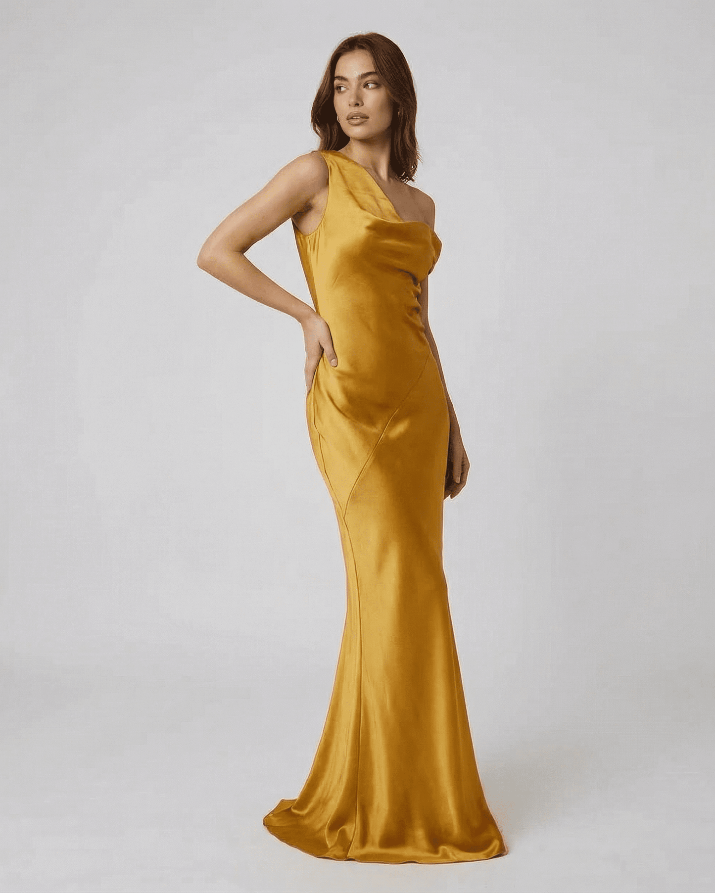 Aurelia Maxi Dress by SLIMONA - Satin gold floor-length dress with open back and high waist.