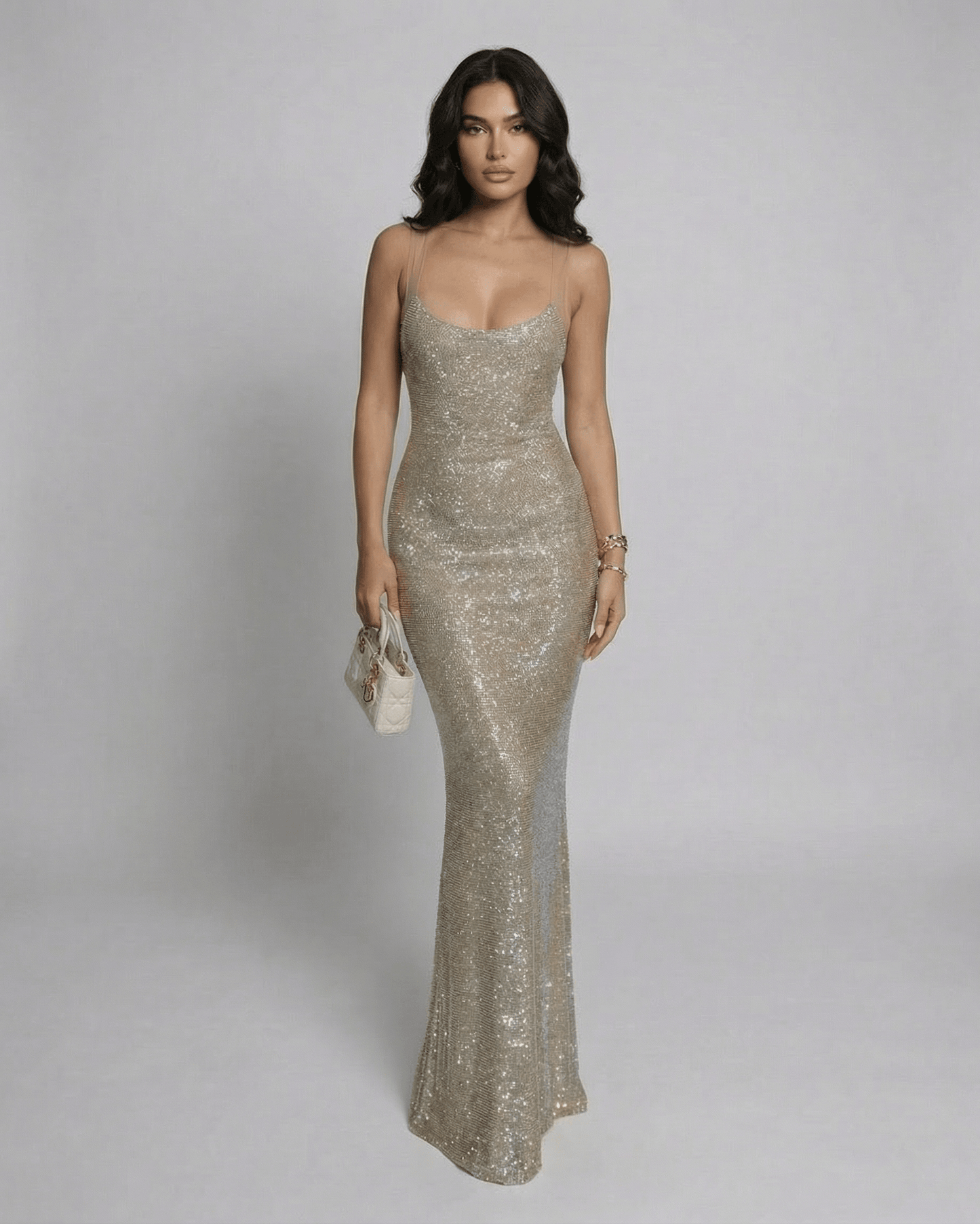 Aurelia Maxi Dress by Lauven, sequin sleeveless U-neck evening gown in champagne-gold tone.