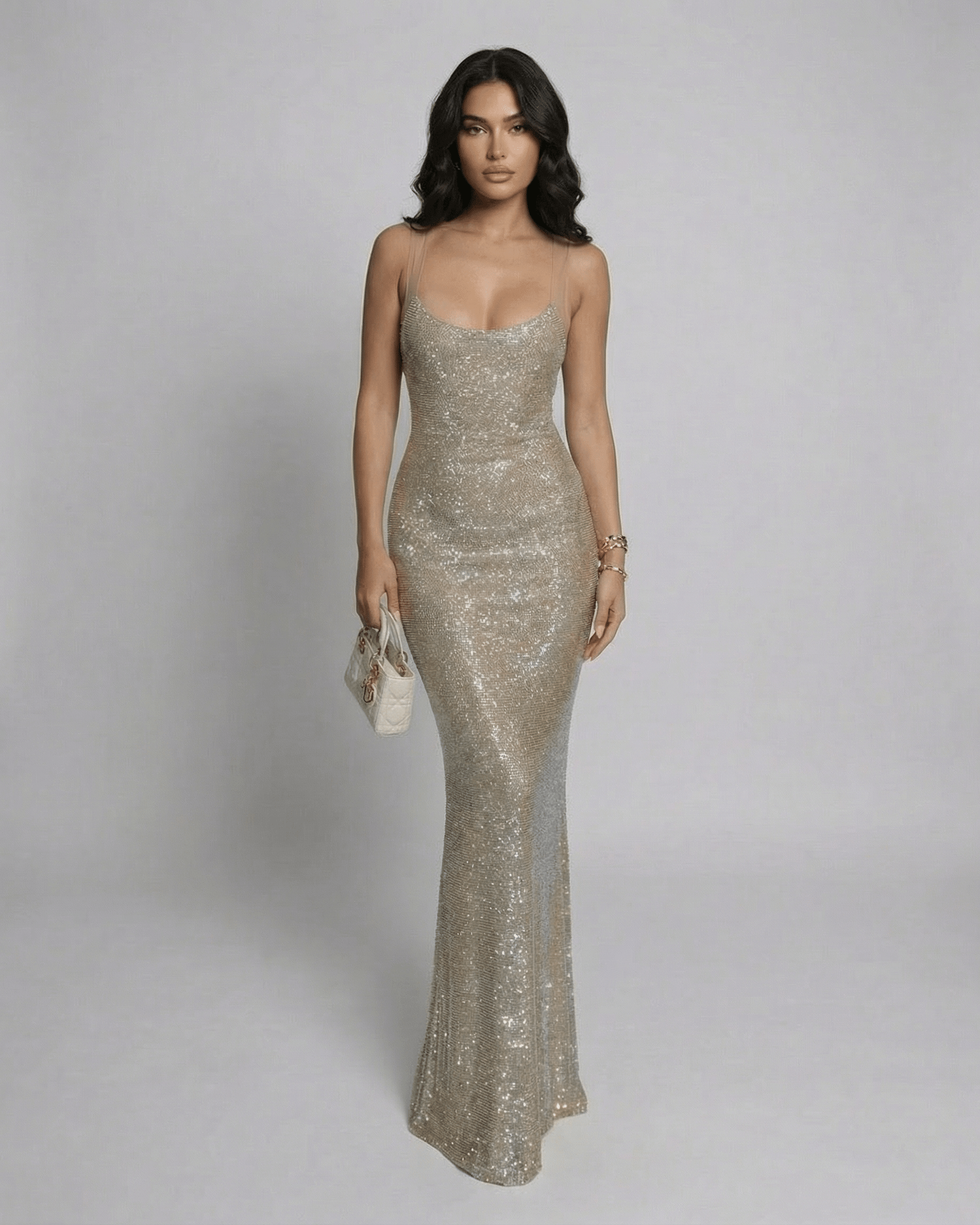 Aurelia Maxi Dress by Lauven, sequin sleeveless U-neck evening gown in champagne-gold tone.