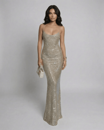 Aurelia Maxi Dress by Lauven, sequin sleeveless U-neck evening gown in champagne-gold tone.