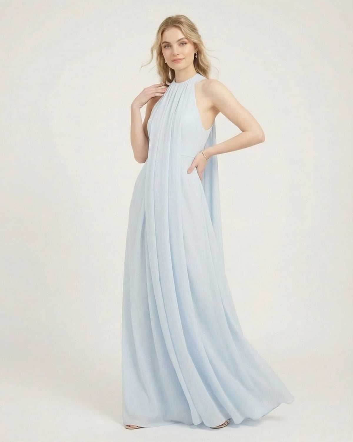 Aurelia Maxi Dress by SLIMONA, light blue halter neck sleeveless dress with loose fit and elegant drape.