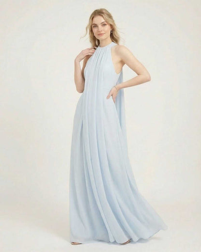 Aurelia Maxi Dress by SLIMONA, light blue halter neck sleeveless dress with loose fit and elegant drape.