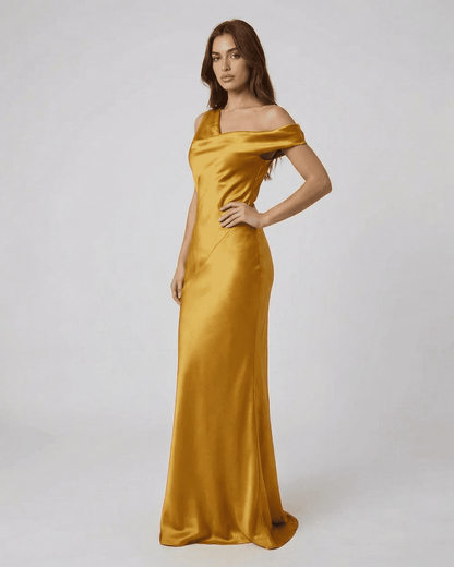 Aurelia Maxi Dress - SLIMONA satin gold maxi dress with a high waist and elegant open back.