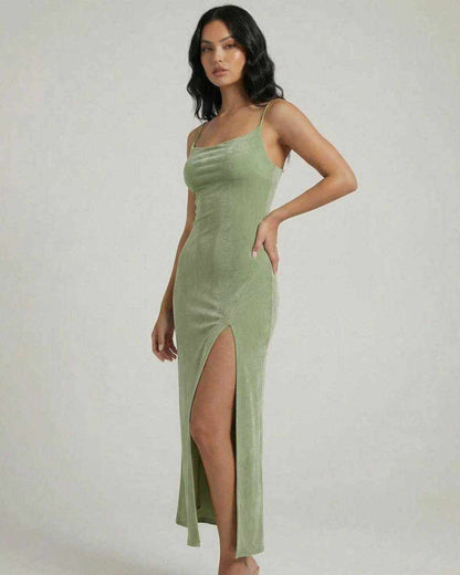 Aurelia Midi Dress by Lauven, featuring a square neck, slim fit, and asymmetrical slit in a soft green fabric.