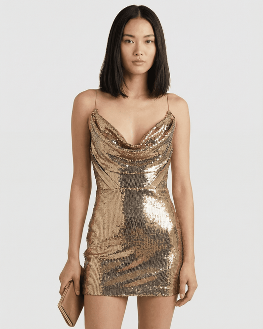 Aurelia Mini Dress by SLIMONA, a gold sequin V-neck mini dress with a high waist and elegant drape.