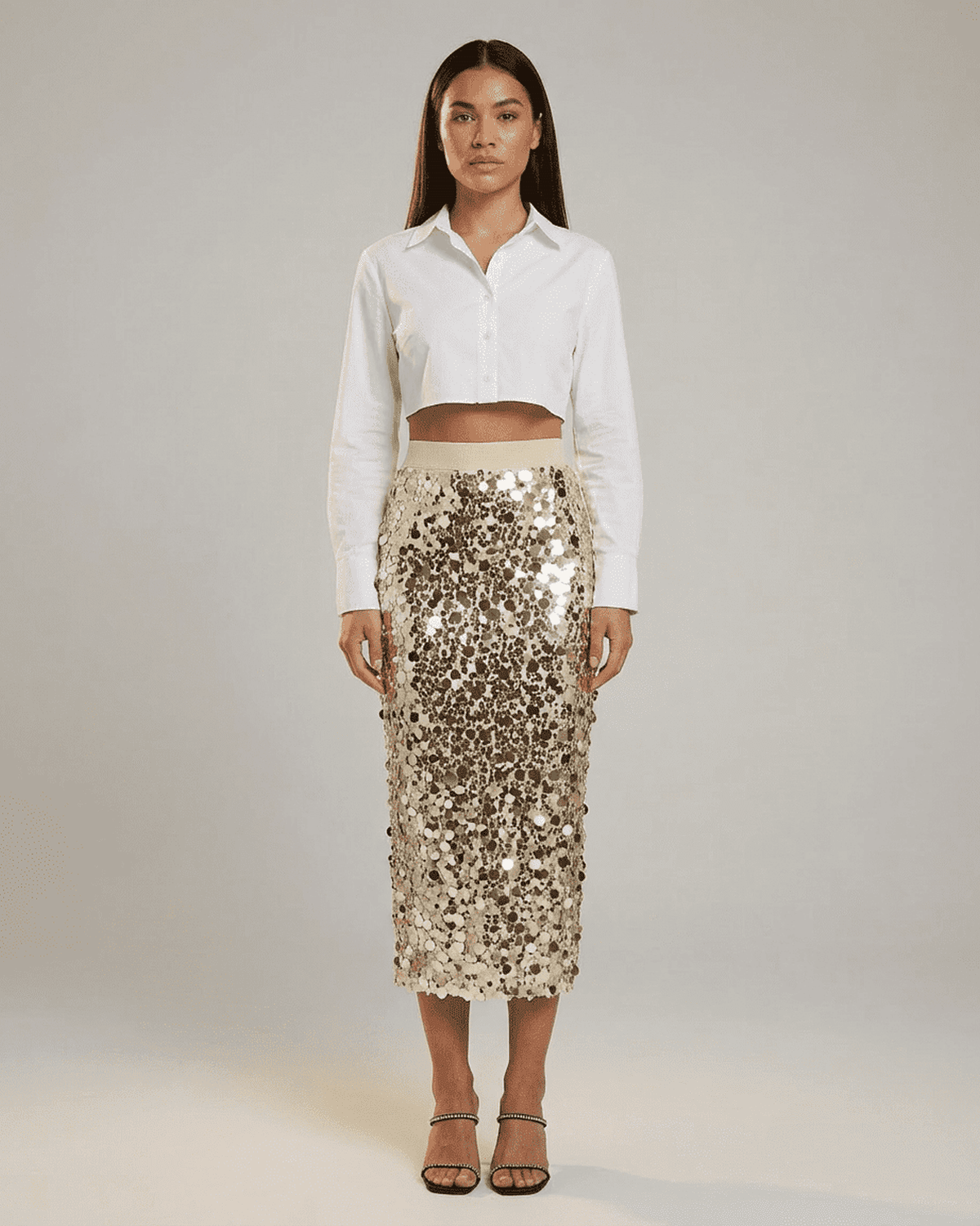 Aureline Midi Skirt by SLIMONA, high waist bodycon design with sequins for elegant evening wear.