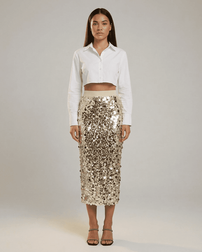 Aureline Midi Skirt by SLIMONA, high waist bodycon design with sequins for elegant evening wear.