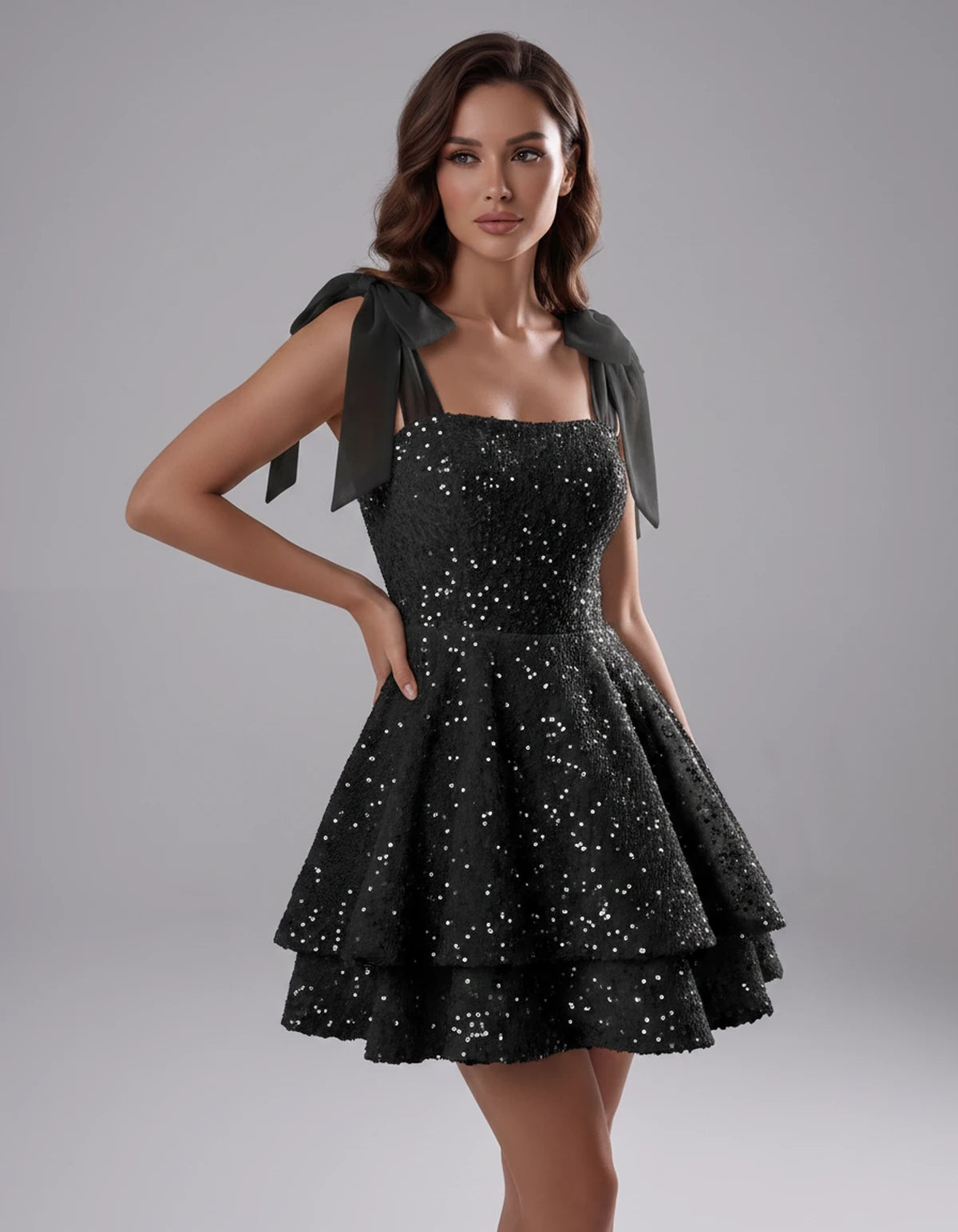 Auriane Mini Dress — Black | SKU: SD-54780-black-2,SD-54780-black-4,SD-54780-black-6,SD-54780-black-8,SD-54780-black-10,SD-54780-black-12,SD-54780-black-14,SD-54780-black-16,SD-54780-black-16W,SD-54780-black-18W,SD-54780-black-20W,SD-54780-black-22W