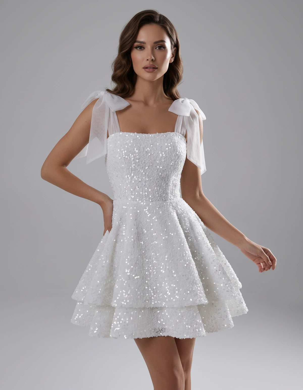 Auriane Mini Dress — White | SKU: SD-54780-white-2,SD-54780-white-4,SD-54780-white-6,SD-54780-white-8,SD-54780-white-10,SD-54780-white-12,SD-54780-white-14,SD-54780-white-16,SD-54780-white-16W,SD-54780-white-18W,SD-54780-white-20W,SD-54780-white-22W