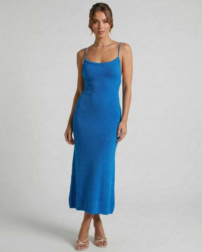 Azura Midi Dress by Lauven – Blue spaghetti strap midi dress in a slim sheath silhouette.