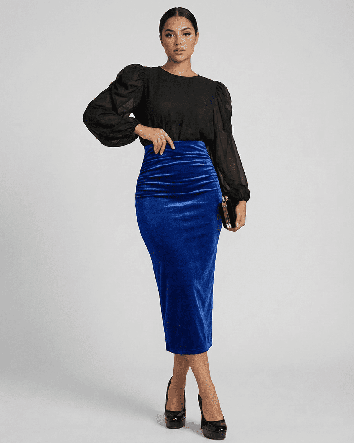 Azure Midi Skirt by SLIMONA, high-waisted velvet pencil skirt in deep blue with elegant back slit.