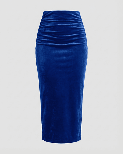 Azure Midi Skirt by SLIMONA - High-waisted velvet pencil skirt in deep blue with elegant back slit.