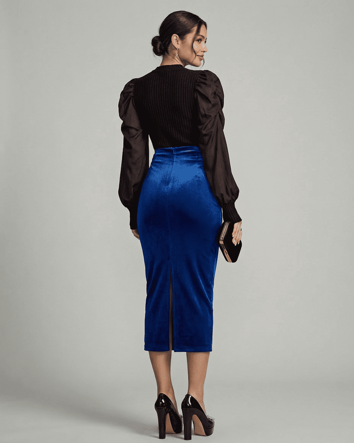 Azure Midi Skirt by SLIMONA - Back view of high-waisted velvet pencil skirt with elegant back slit in deep blue.