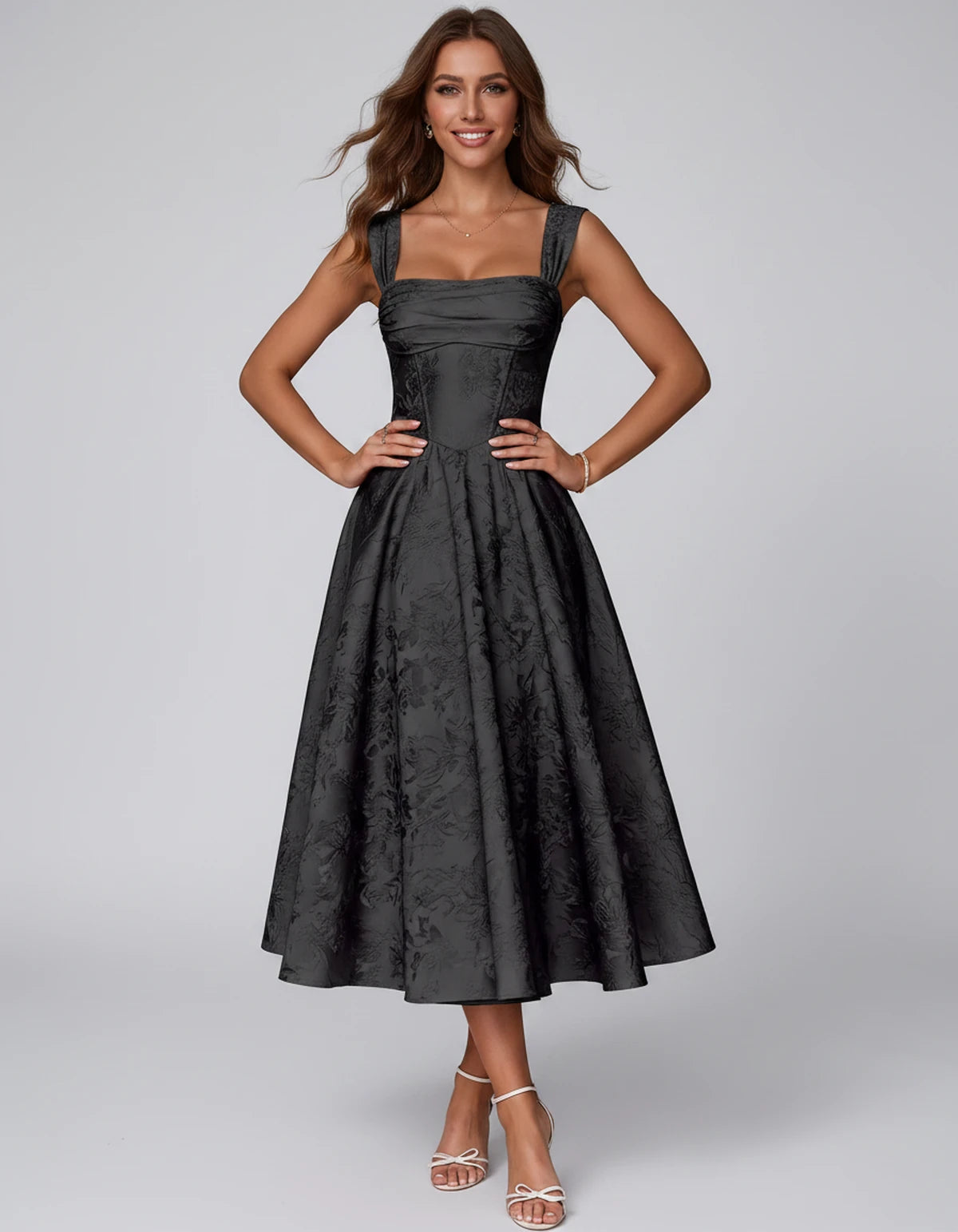 Bellerose Midi Dresses — Black | SKU: SD-42237-black-2,SD-42237-black-4,SD-42237-black-6,SD-42237-black-8,SD-42237-black-10,SD-42237-black-12,SD-42237-black-14,SD-42237-black-16,SD-42237-black-16W,SD-42237-black-18W,SD-42237-black-20W,SD-42237-black-22W