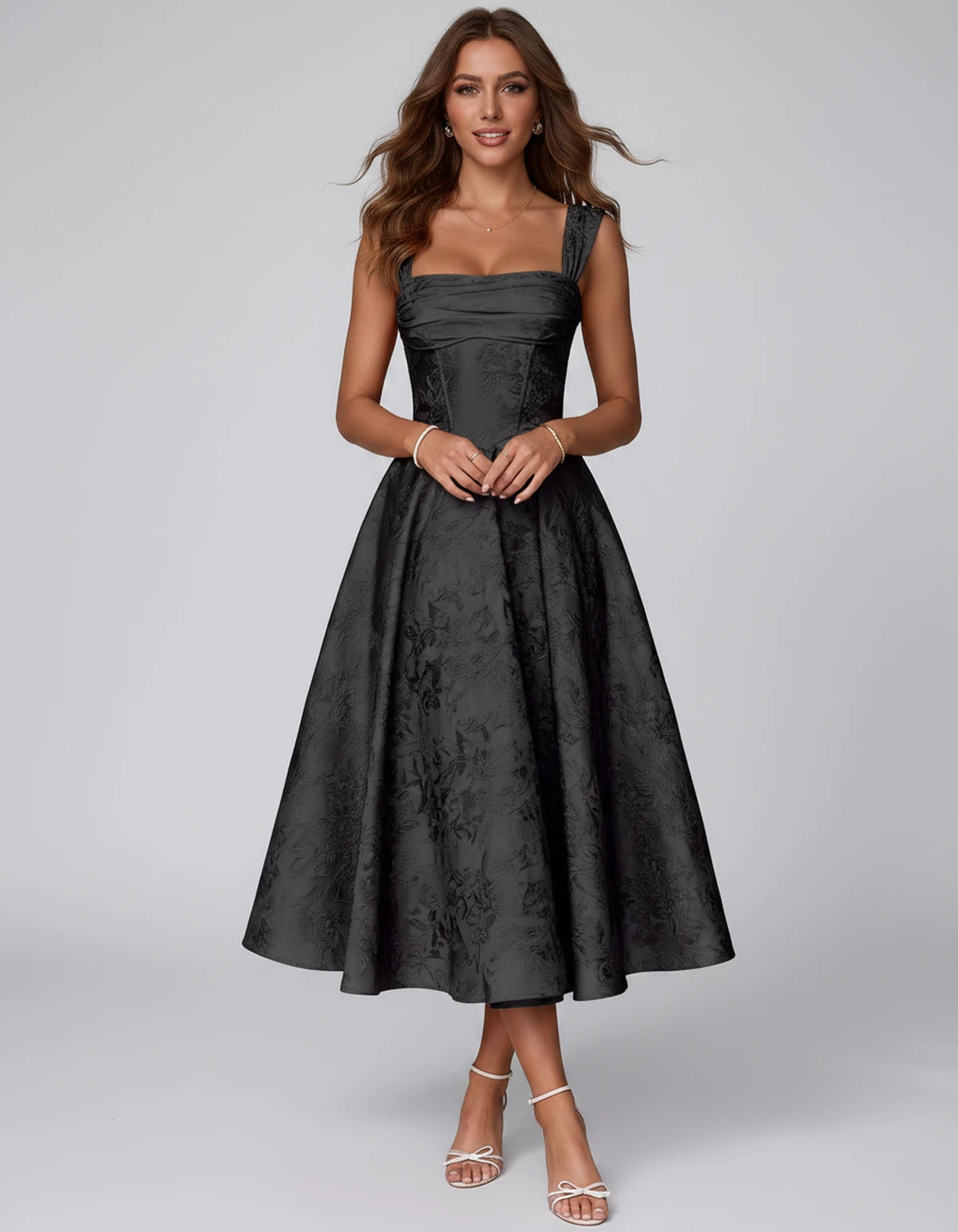 Bellerose Midi Dresses — Black | SKU: SD-42237-black-2,SD-42237-black-4,SD-42237-black-6,SD-42237-black-8,SD-42237-black-10,SD-42237-black-12,SD-42237-black-14,SD-42237-black-16,SD-42237-black-16W,SD-42237-black-18W,SD-42237-black-20W,SD-42237-black-22W