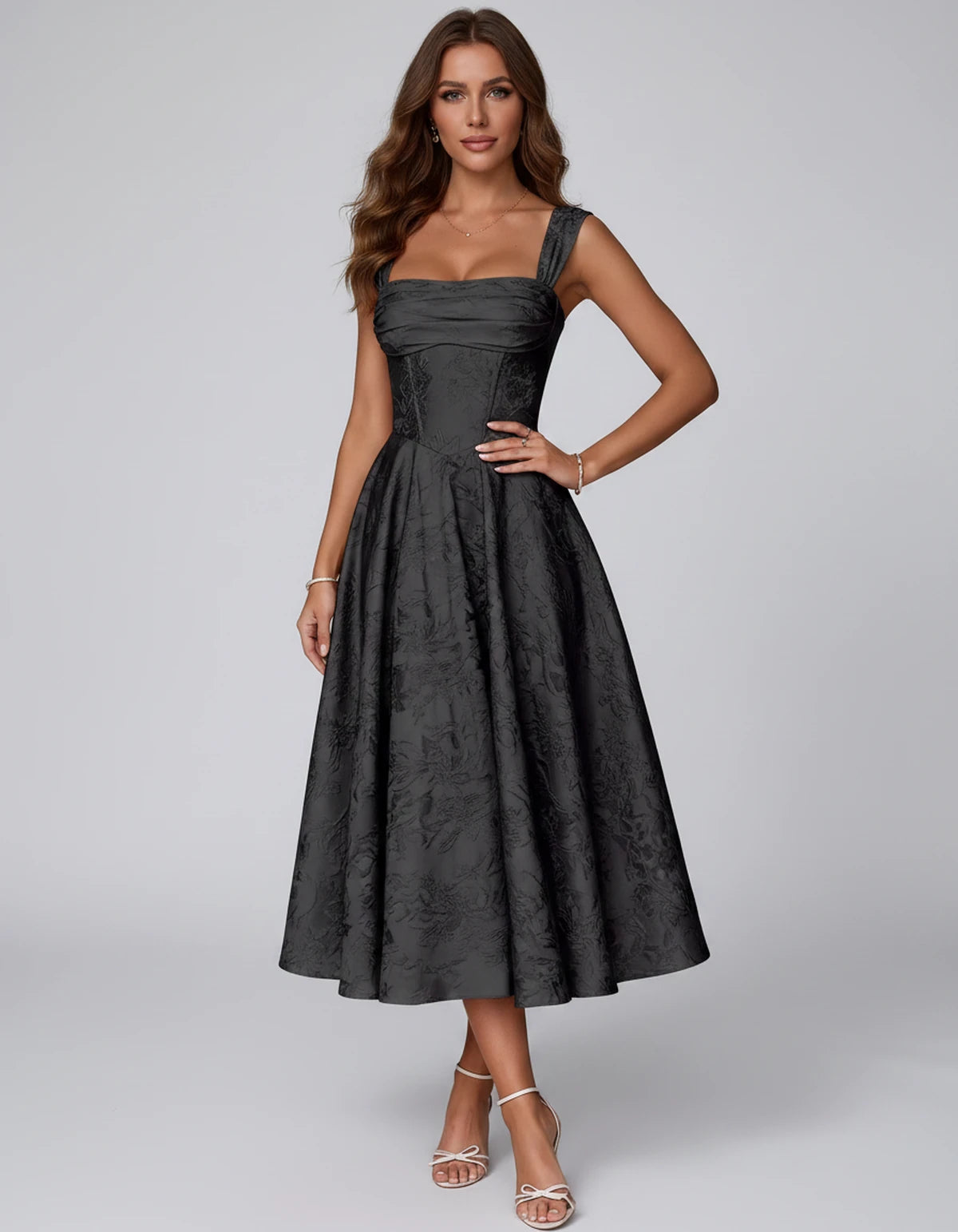 Bellerose Midi Dresses — Black | SKU: SD-42237-black-2,SD-42237-black-4,SD-42237-black-6,SD-42237-black-8,SD-42237-black-10,SD-42237-black-12,SD-42237-black-14,SD-42237-black-16,SD-42237-black-16W,SD-42237-black-18W,SD-42237-black-20W,SD-42237-black-22W