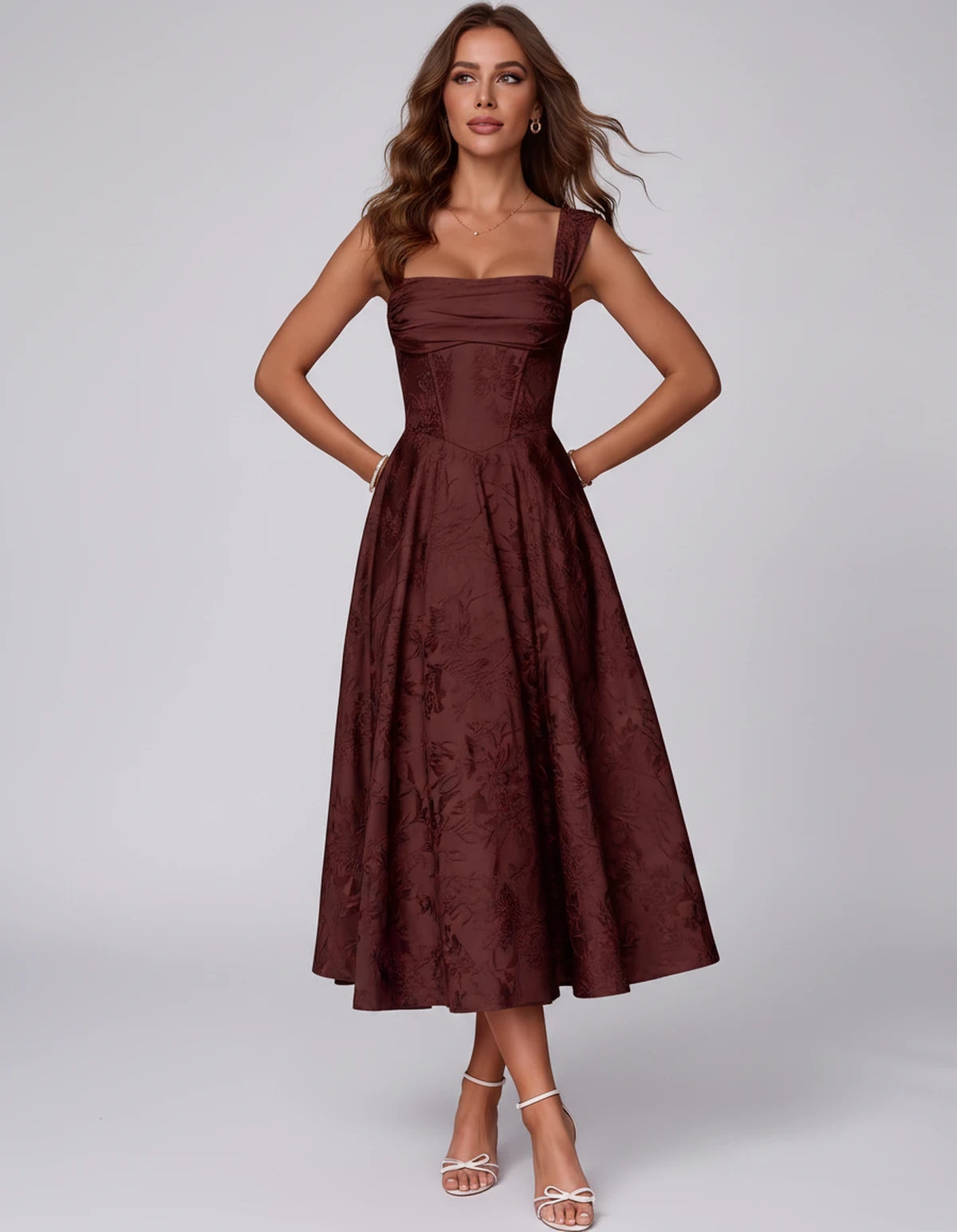 Bellerose Midi Dresses — Burgundy | SKU: SD-42237-burgundy-2,SD-42237-burgundy-4,SD-42237-burgundy-6,SD-42237-burgundy-8,SD-42237-burgundy-10,SD-42237-burgundy-12,SD-42237-burgundy-14,SD-42237-burgundy-16,SD-42237-burgundy-16W,SD-42237-burgundy-18W,SD-42237-burgundy-20W,SD-42237-burgundy-22W