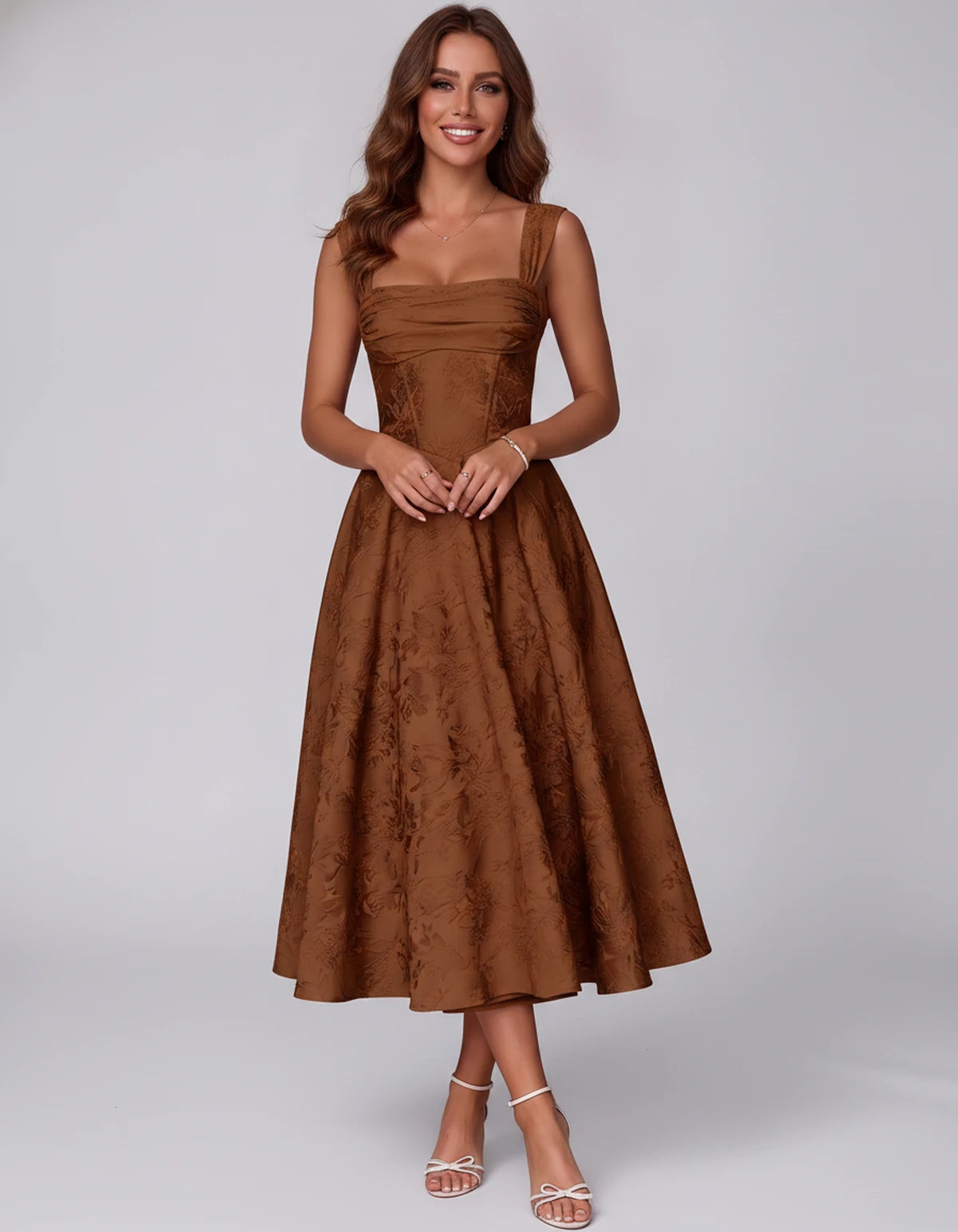 Bellerose Midi Dresses — Burnt Orange | SKU: SD-42237-burntorange-2,SD-42237-burntorange-4,SD-42237-burntorange-6,SD-42237-burntorange-8,SD-42237-burntorange-10,SD-42237-burntorange-12,SD-42237-burntorange-14,SD-42237-burntorange-16,SD-42237-burntorange-16W,SD-42237-burntorange-18W,SD-42237-burntorange-20W,SD-42237-burntorange-22W
