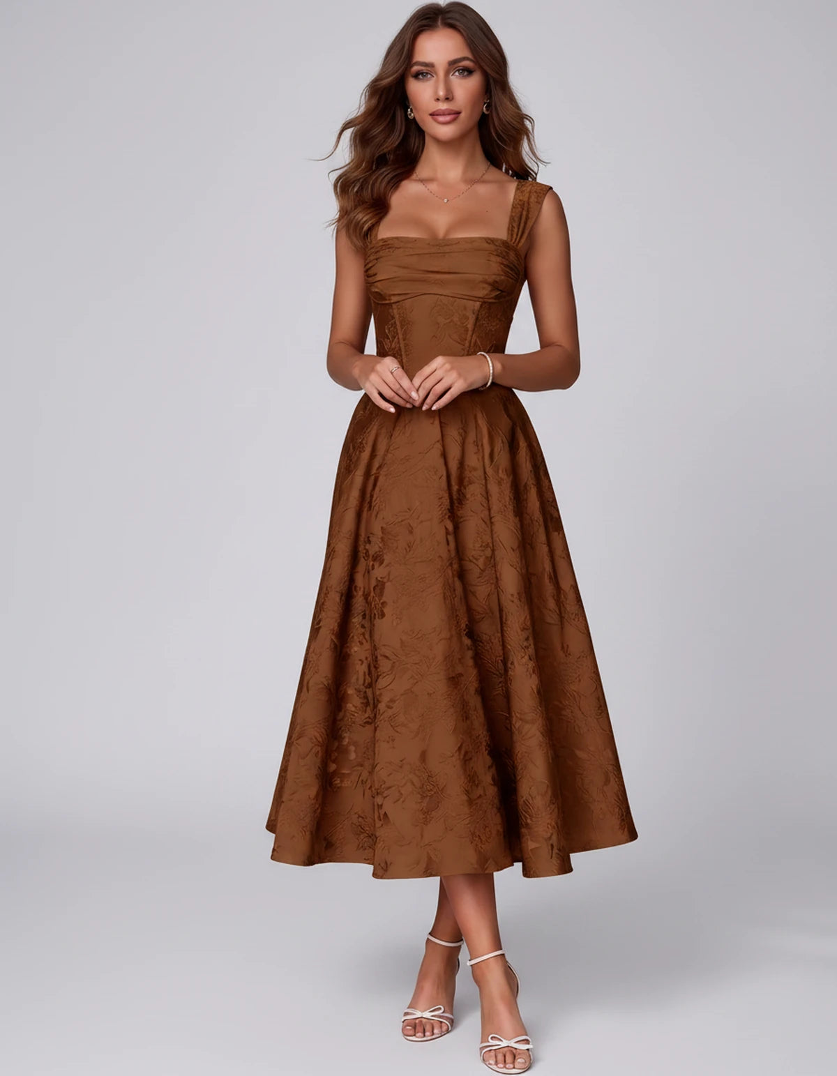 Bellerose Midi Dresses — Burnt Orange | SKU: SD-42237-burntorange-2,SD-42237-burntorange-4,SD-42237-burntorange-6,SD-42237-burntorange-8,SD-42237-burntorange-10,SD-42237-burntorange-12,SD-42237-burntorange-14,SD-42237-burntorange-16,SD-42237-burntorange-16W,SD-42237-burntorange-18W,SD-42237-burntorange-20W,SD-42237-burntorange-22W