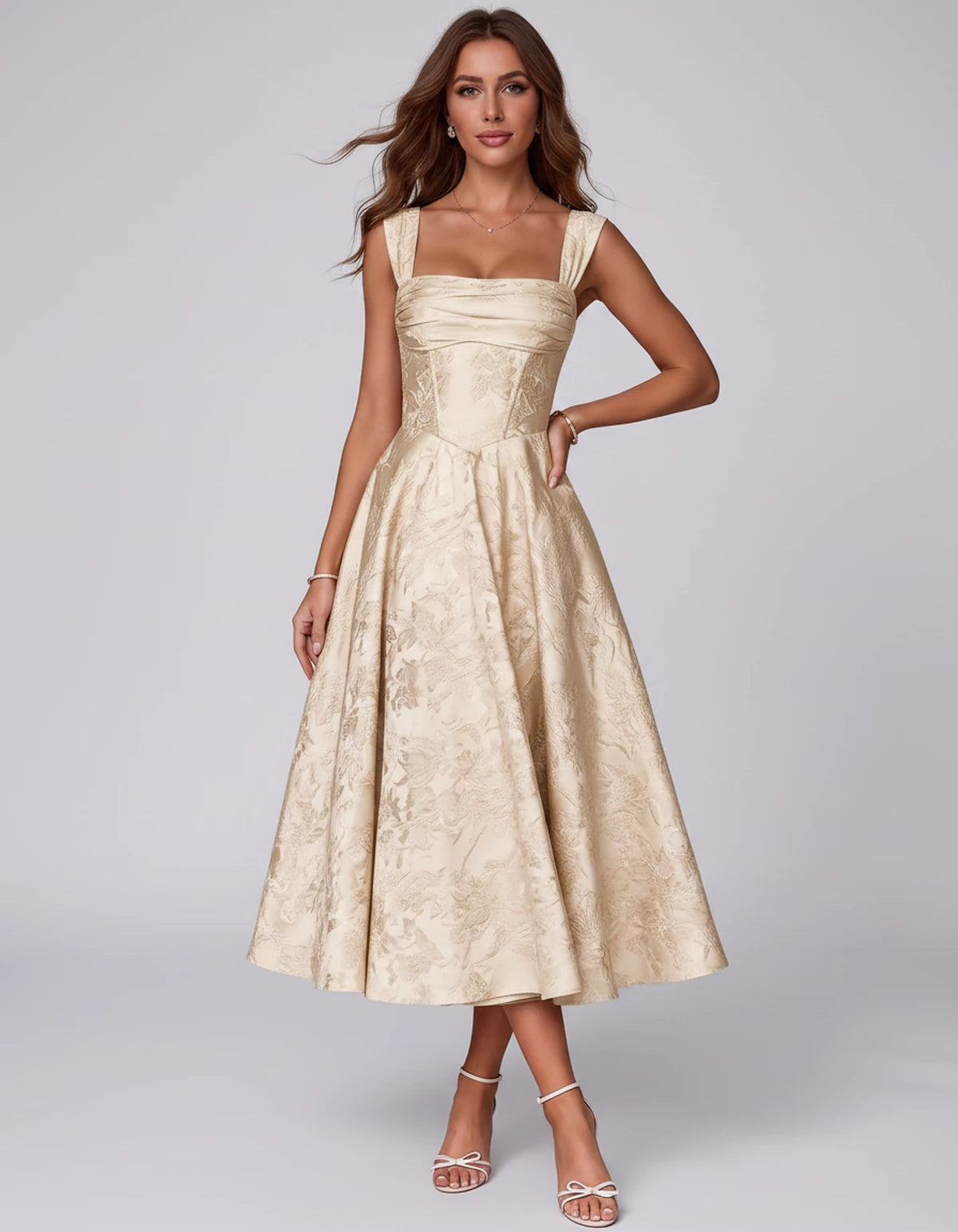 Bellerose Midi Dresses — Champagne | SKU: SD-42237-champagne-2,SD-42237-champagne-4,SD-42237-champagne-6,SD-42237-champagne-8,SD-42237-champagne-10,SD-42237-champagne-12,SD-42237-champagne-14,SD-42237-champagne-16,SD-42237-champagne-16W,SD-42237-champagne-18W,SD-42237-champagne-20W,SD-42237-champagne-22W