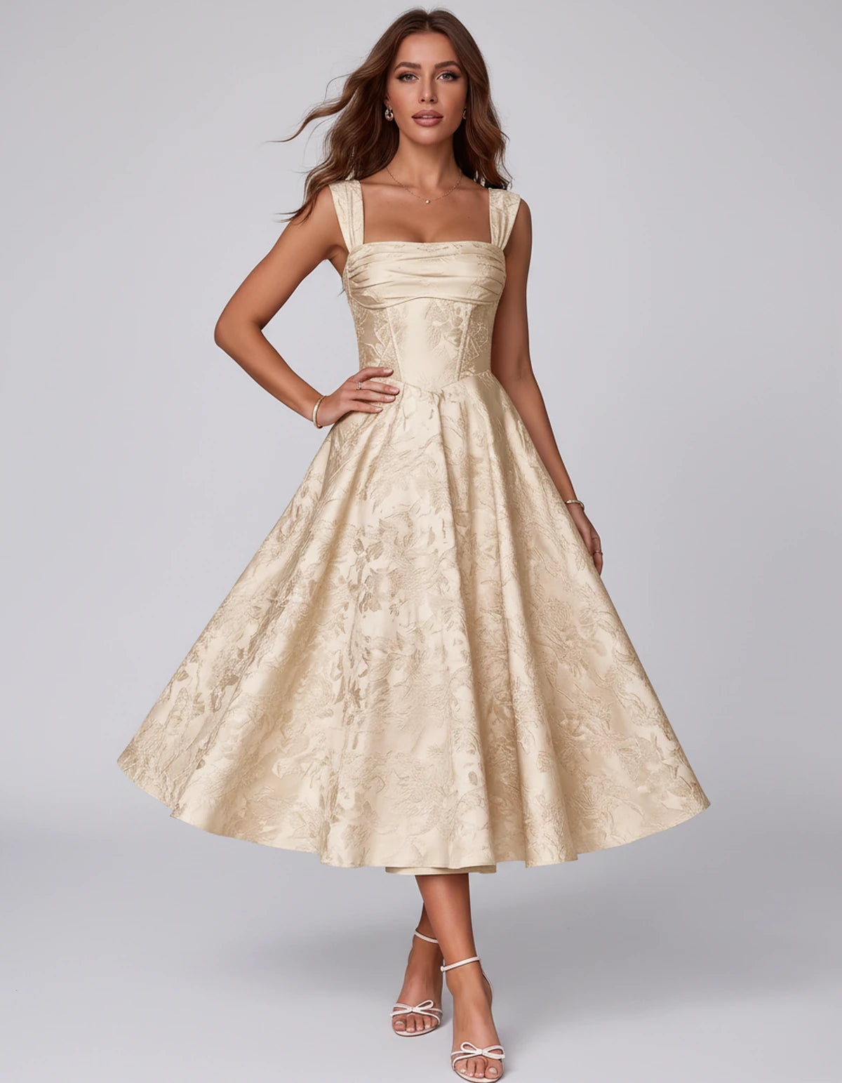Bellerose Midi Dresses — Champagne | SKU: SD-42237-champagne-2,SD-42237-champagne-4,SD-42237-champagne-6,SD-42237-champagne-8,SD-42237-champagne-10,SD-42237-champagne-12,SD-42237-champagne-14,SD-42237-champagne-16,SD-42237-champagne-16W,SD-42237-champagne-18W,SD-42237-champagne-20W,SD-42237-champagne-22W
