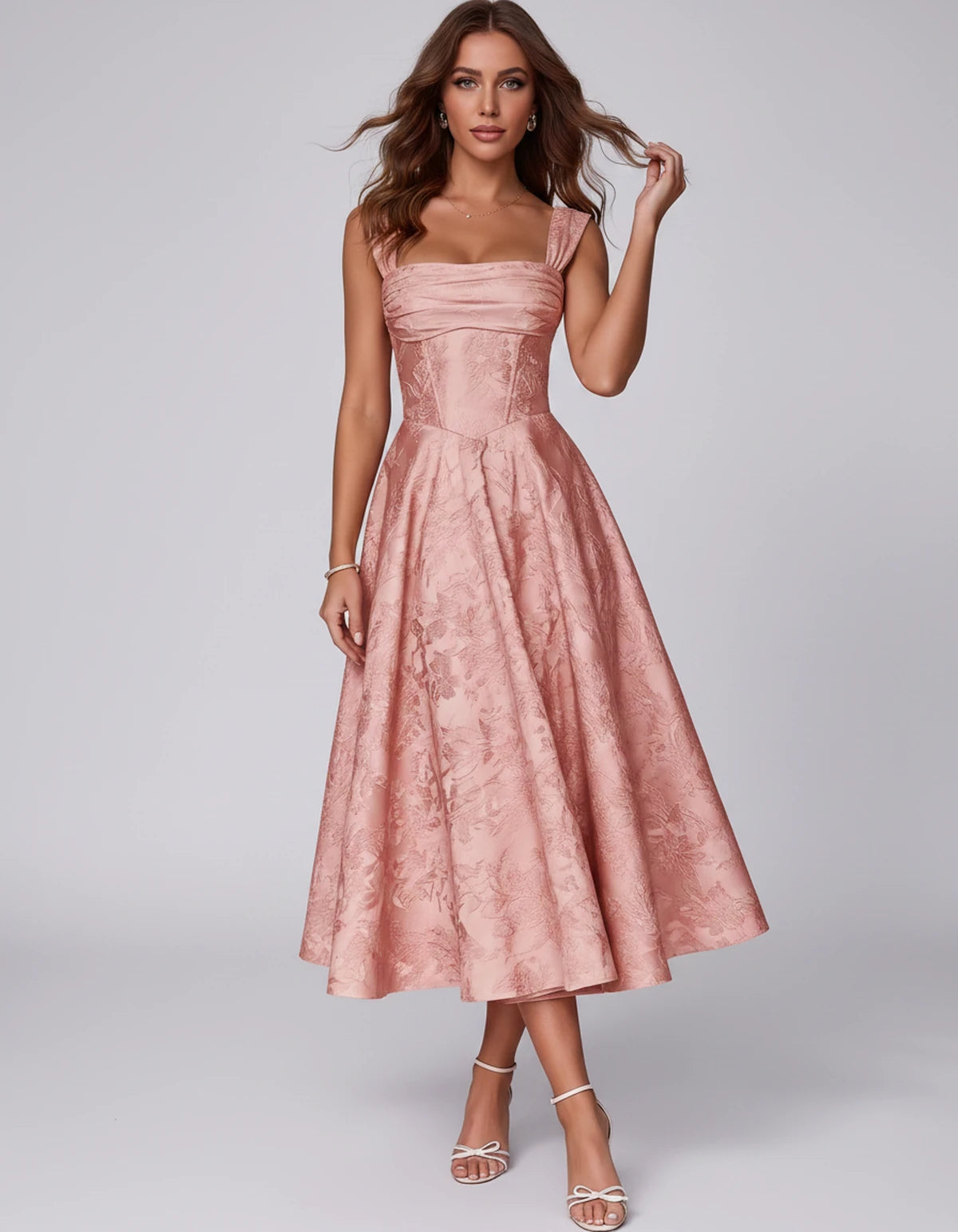 Bellerose Midi Dresses — Coral | SKU: SD-42237-coral-2,SD-42237-coral-4,SD-42237-coral-6,SD-42237-coral-8,SD-42237-coral-10,SD-42237-coral-12,SD-42237-coral-14,SD-42237-coral-16,SD-42237-coral-16W,SD-42237-coral-18W,SD-42237-coral-20W,SD-42237-coral-22W