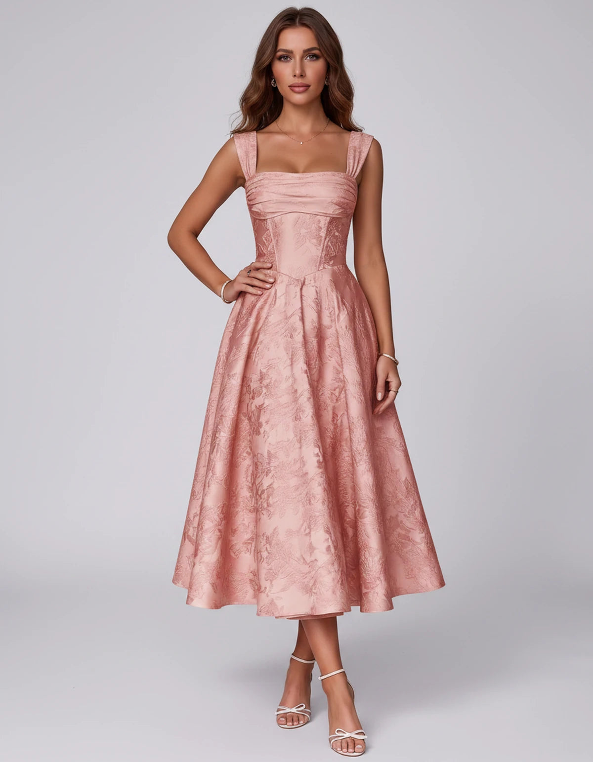 Bellerose Midi Dresses — Coral | SKU: SD-42237-coral-2,SD-42237-coral-4,SD-42237-coral-6,SD-42237-coral-8,SD-42237-coral-10,SD-42237-coral-12,SD-42237-coral-14,SD-42237-coral-16,SD-42237-coral-16W,SD-42237-coral-18W,SD-42237-coral-20W,SD-42237-coral-22W