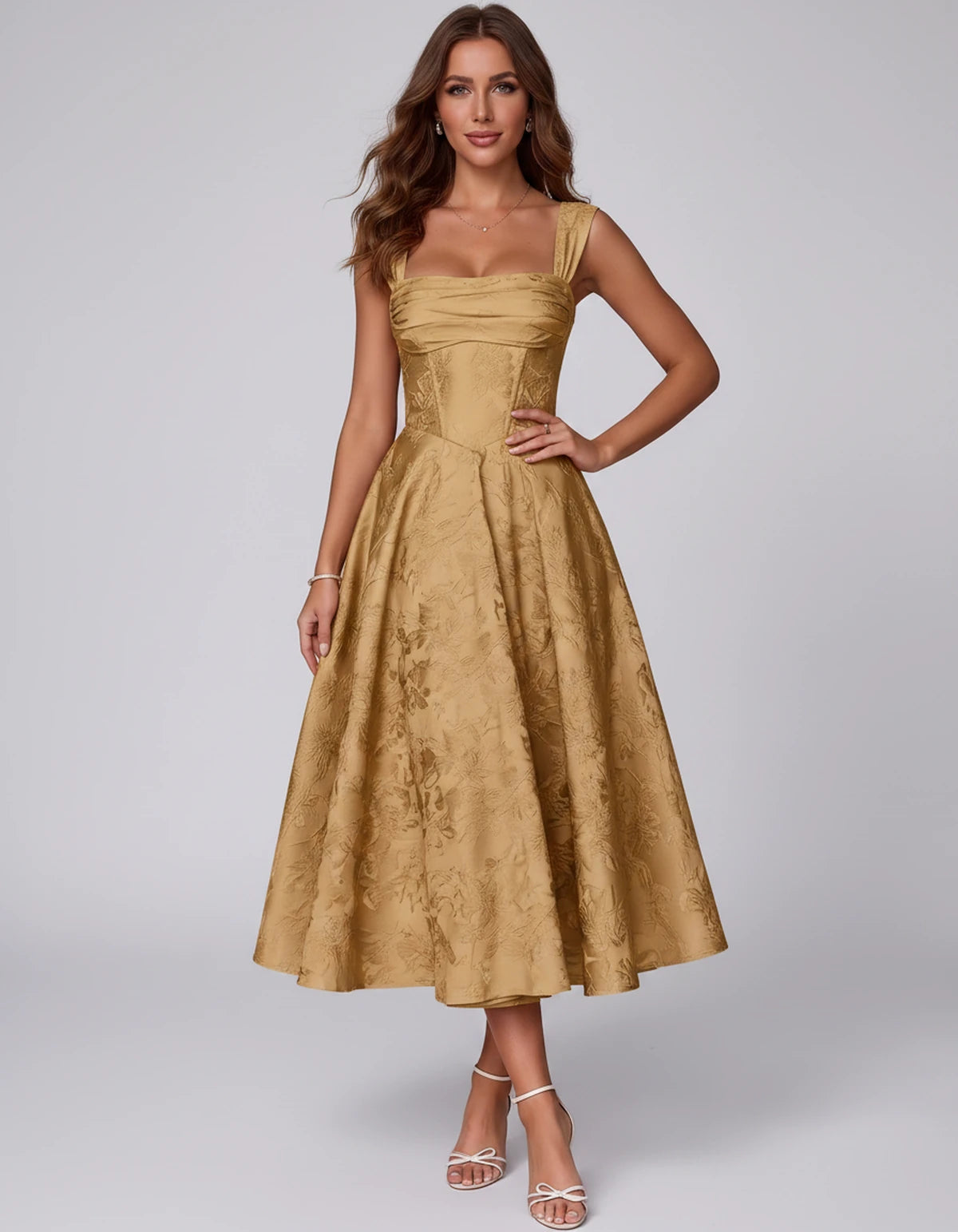 Bellerose Midi Dresses — Gold | SKU: SD-42237-gold-2,SD-42237-gold-4,SD-42237-gold-6,SD-42237-gold-8,SD-42237-gold-10,SD-42237-gold-12,SD-42237-gold-14,SD-42237-gold-16,SD-42237-gold-16W,SD-42237-gold-18W,SD-42237-gold-20W,SD-42237-gold-22W
