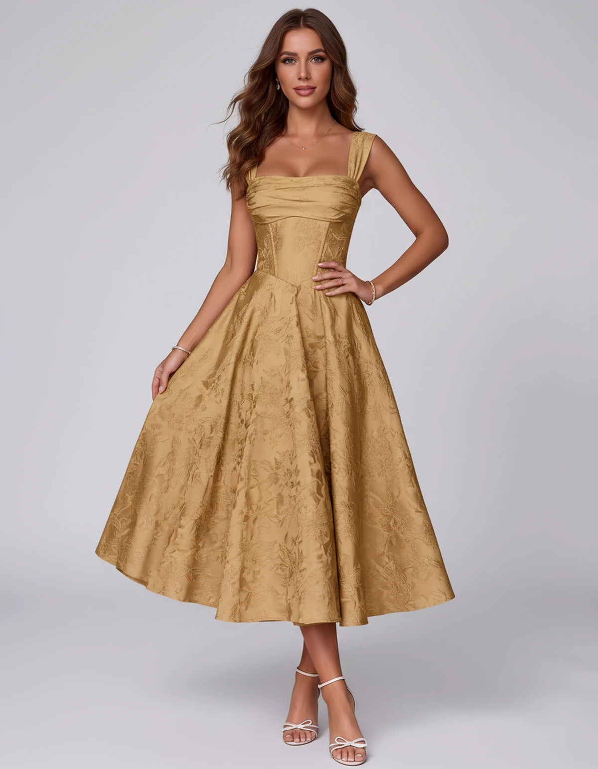 Bellerose Midi Dresses — Gold | SKU: SD-42237-gold-2,SD-42237-gold-4,SD-42237-gold-6,SD-42237-gold-8,SD-42237-gold-10,SD-42237-gold-12,SD-42237-gold-14,SD-42237-gold-16,SD-42237-gold-16W,SD-42237-gold-18W,SD-42237-gold-20W,SD-42237-gold-22W
