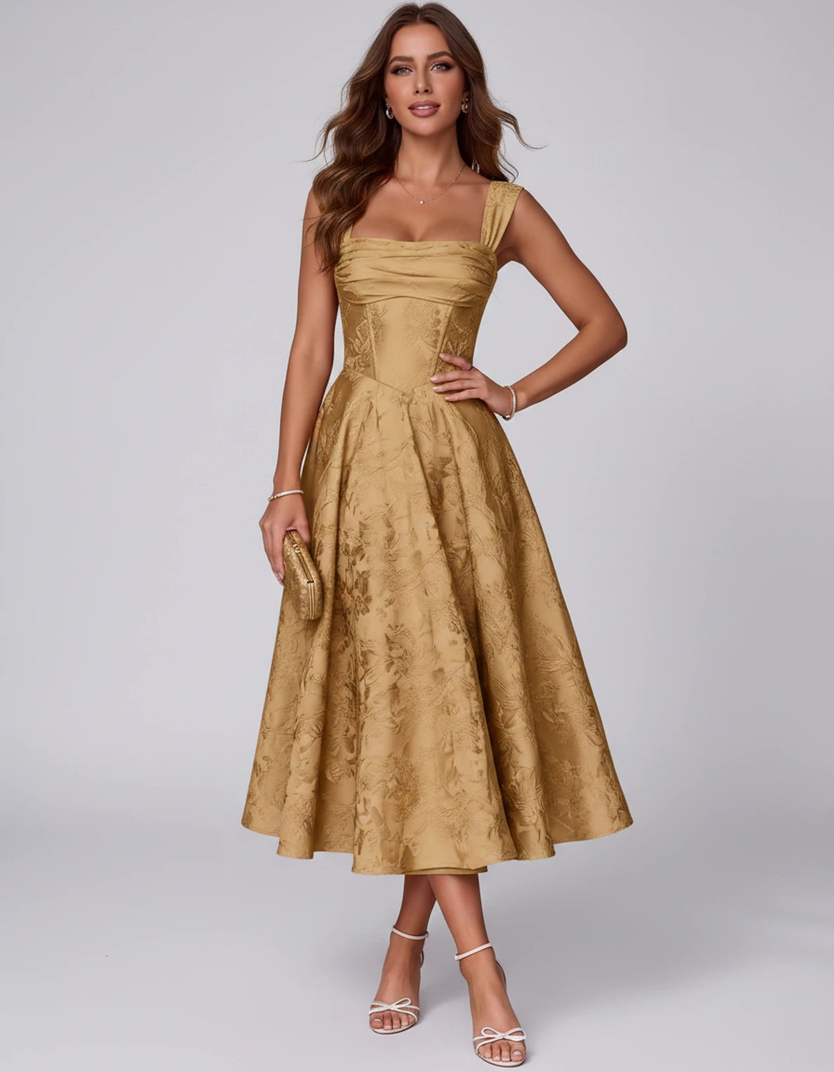 Bellerose Midi Dresses — Gold | SKU: SD-42237-gold-2,SD-42237-gold-4,SD-42237-gold-6,SD-42237-gold-8,SD-42237-gold-10,SD-42237-gold-12,SD-42237-gold-14,SD-42237-gold-16,SD-42237-gold-16W,SD-42237-gold-18W,SD-42237-gold-20W,SD-42237-gold-22W