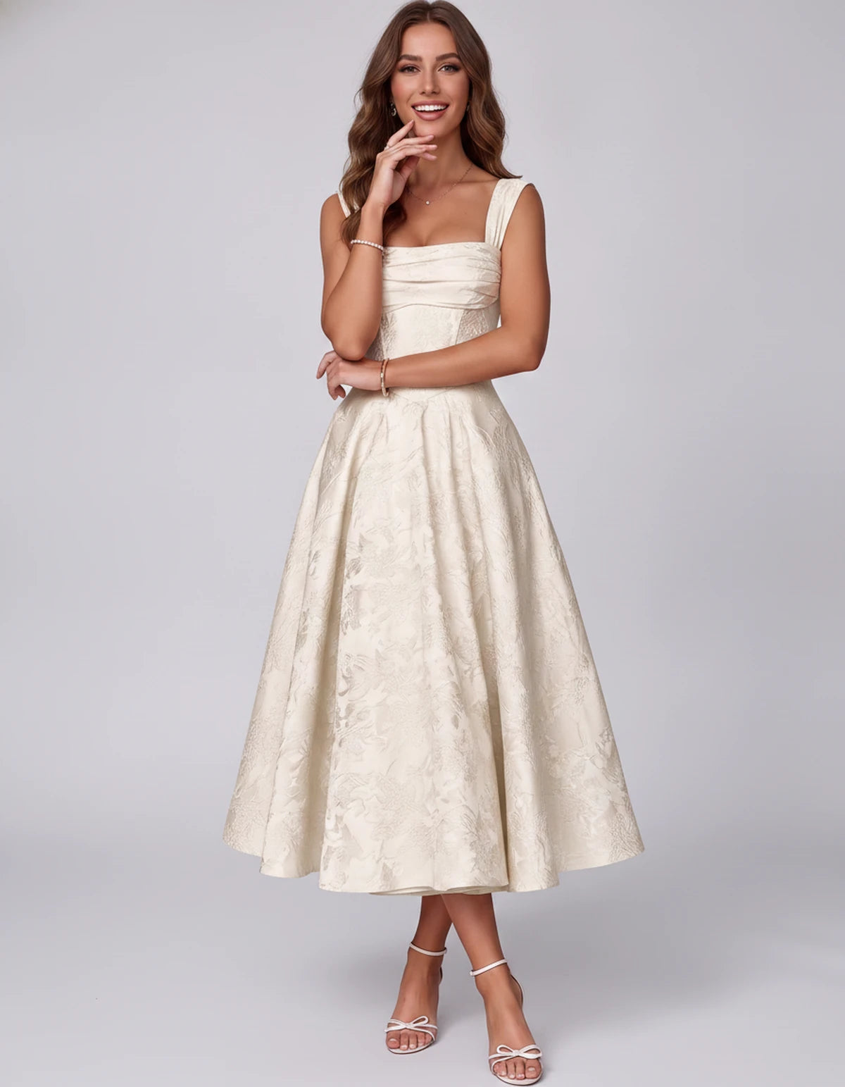 Bellerose Midi Dresses — Ivory | SKU: SD-42237-ivory-2,SD-42237-ivory-4,SD-42237-ivory-6,SD-42237-ivory-8,SD-42237-ivory-10,SD-42237-ivory-12,SD-42237-ivory-14,SD-42237-ivory-16,SD-42237-ivory-16W,SD-42237-ivory-18W,SD-42237-ivory-20W,SD-42237-ivory-22W