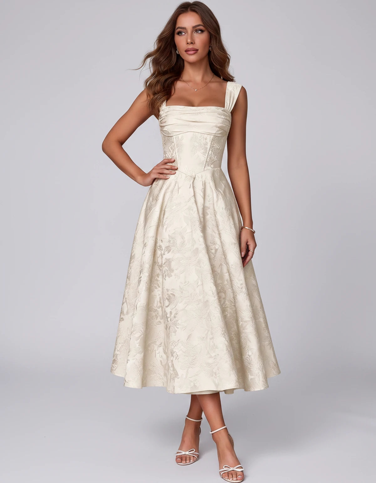Bellerose Midi Dresses — Ivory | SKU: SD-42237-ivory-2,SD-42237-ivory-4,SD-42237-ivory-6,SD-42237-ivory-8,SD-42237-ivory-10,SD-42237-ivory-12,SD-42237-ivory-14,SD-42237-ivory-16,SD-42237-ivory-16W,SD-42237-ivory-18W,SD-42237-ivory-20W,SD-42237-ivory-22W