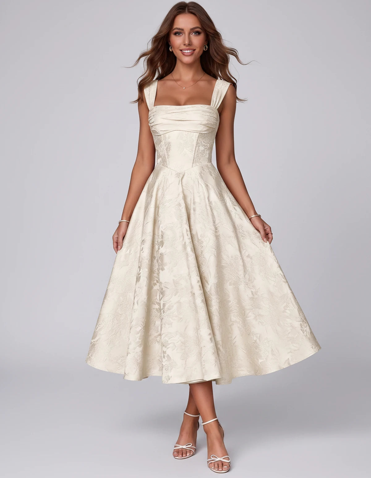 Bellerose Midi Dresses — Ivory | SKU: SD-42237-ivory-2,SD-42237-ivory-4,SD-42237-ivory-6,SD-42237-ivory-8,SD-42237-ivory-10,SD-42237-ivory-12,SD-42237-ivory-14,SD-42237-ivory-16,SD-42237-ivory-16W,SD-42237-ivory-18W,SD-42237-ivory-20W,SD-42237-ivory-22W