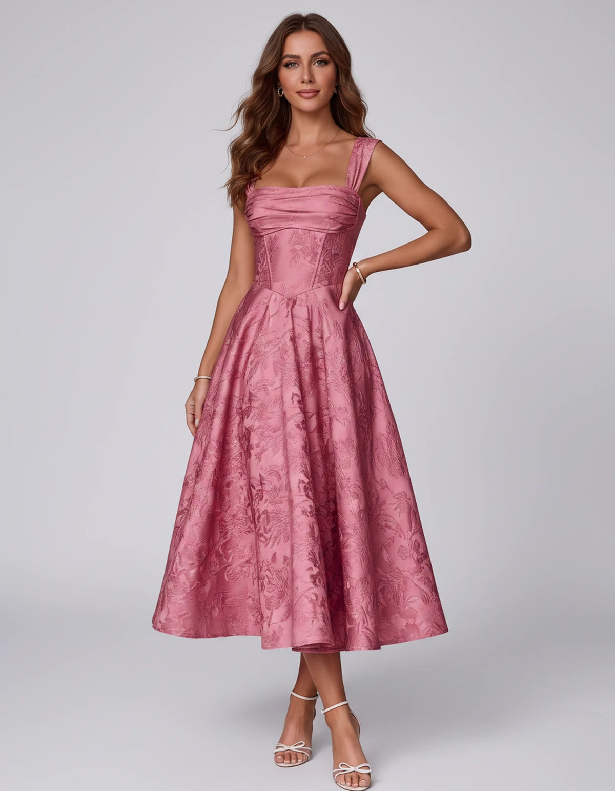 Bellerose Midi Dresses — Pink | SKU: SD-42237-pink-2,SD-42237-pink-4,SD-42237-pink-6,SD-42237-pink-8,SD-42237-pink-10,SD-42237-pink-12,SD-42237-pink-14,SD-42237-pink-16,SD-42237-pink-16W,SD-42237-pink-18W,SD-42237-pink-20W,SD-42237-pink-22W