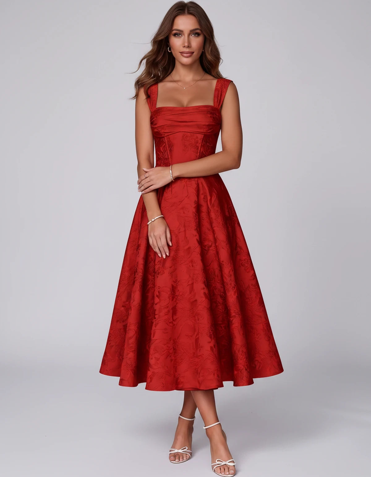 Bellerose Midi Dresses — Red | SKU: SD-42237-red-2,SD-42237-red-4,SD-42237-red-6,SD-42237-red-8,SD-42237-red-10,SD-42237-red-12,SD-42237-red-14,SD-42237-red-16,SD-42237-red-16W,SD-42237-red-18W,SD-42237-red-20W,SD-42237-red-22W